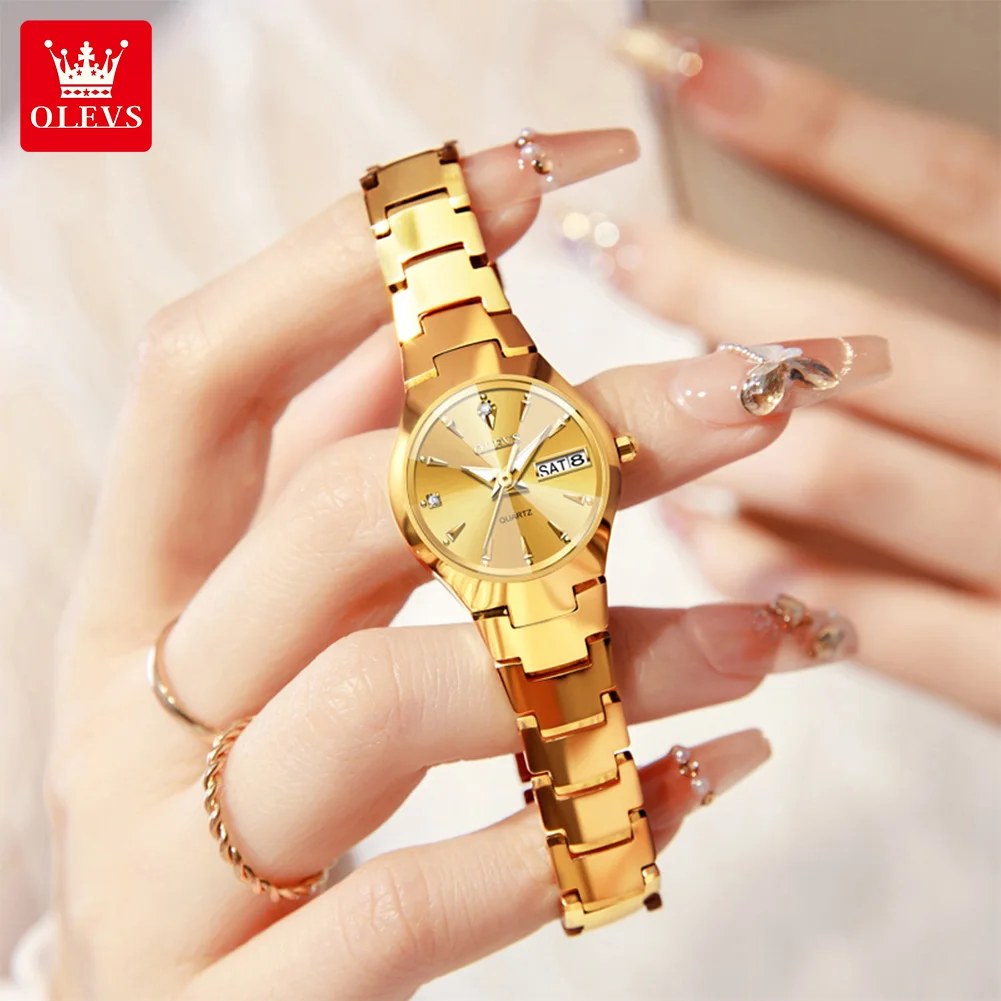 OLEVS 8697 Luxury Golden Ladies Watches Tungsten Steel Dual Calendar Fashion Original Quartz Women's Wristwatch