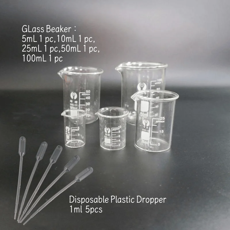 

1set Lab Borosilicate GLass Beaker 5mL 1 pc,10mL 1 pc,25mL 1 pc,50mL 1 pc,100mL 1 pc,Disposable Plastic Dropper 1ml 5pcs