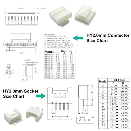 PHB HY 2.0MM JST Connector Kit with 22AWG   Cables, HY2.0 Connector Socket 2/3/4/5/6 Pin Housing