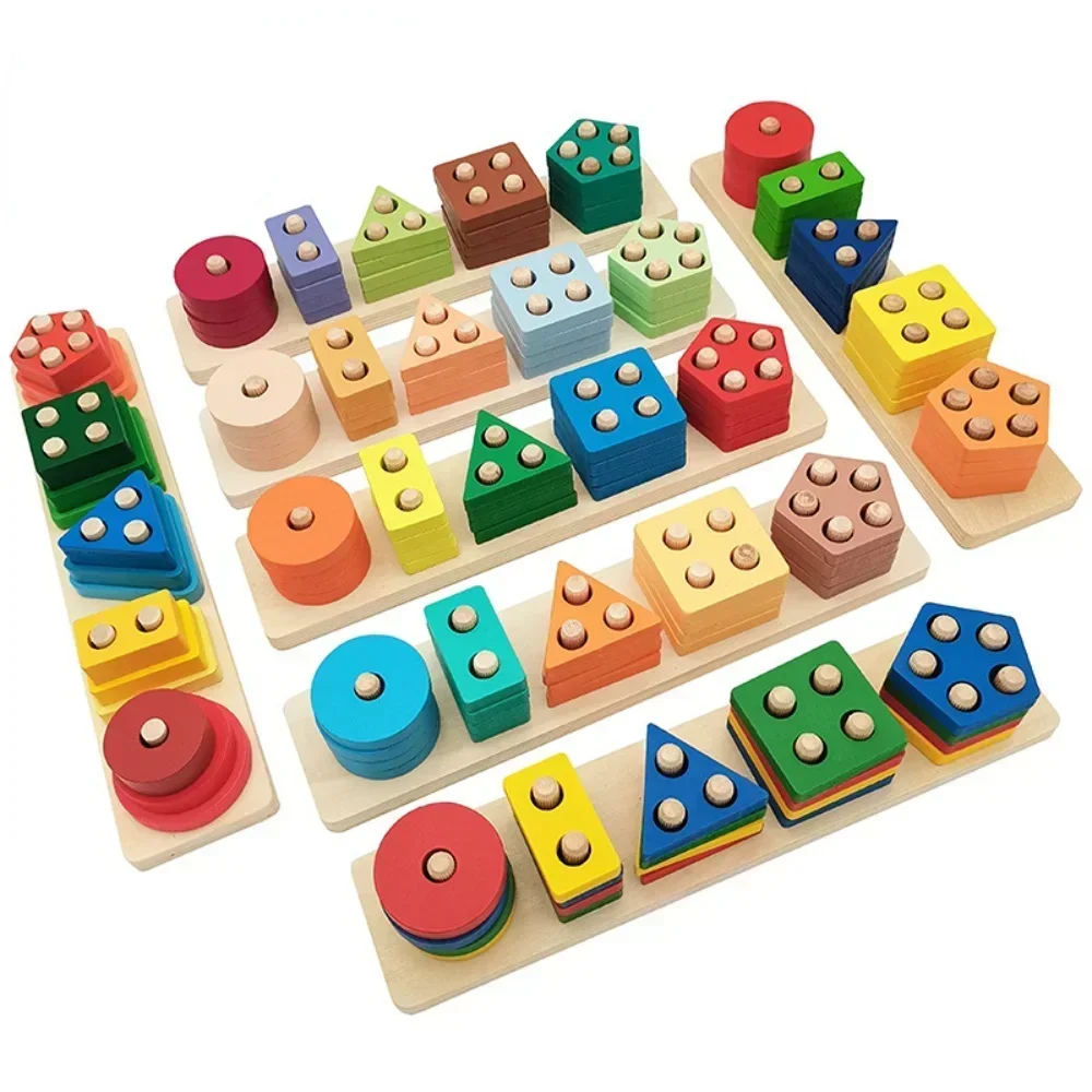 

Montessori Wooden Toys Geometric Building Blocks Sorting Stacking Toys Baby Educational Shape Color Sorter Preschool Kids Gifts