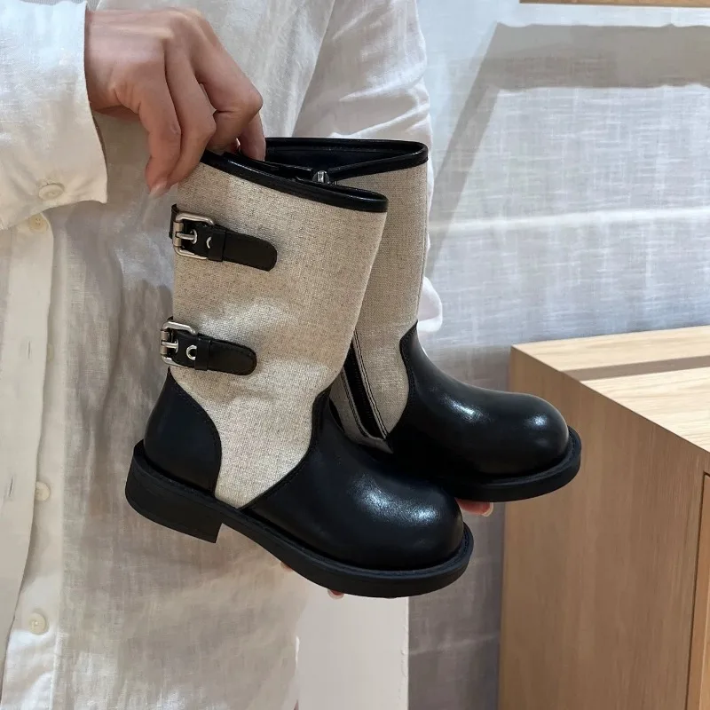 Toddler Girls Mid-calf Boots Autumn Winter Patchwork Children Long Boots Non-slip School Side Zipper Kids High Boots Black Brown