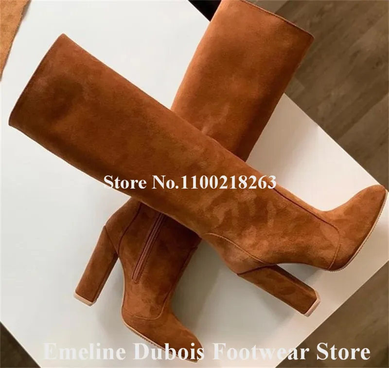 Sepatu Bot Panjang Tumit Tebal Kulit Coklat Emeline Dubois Sepatu Gaun Hak Tebal Tinggi Lutut Ujung Bundar Elegan Wanita Sepatu Bot Kasual Musim Dingin