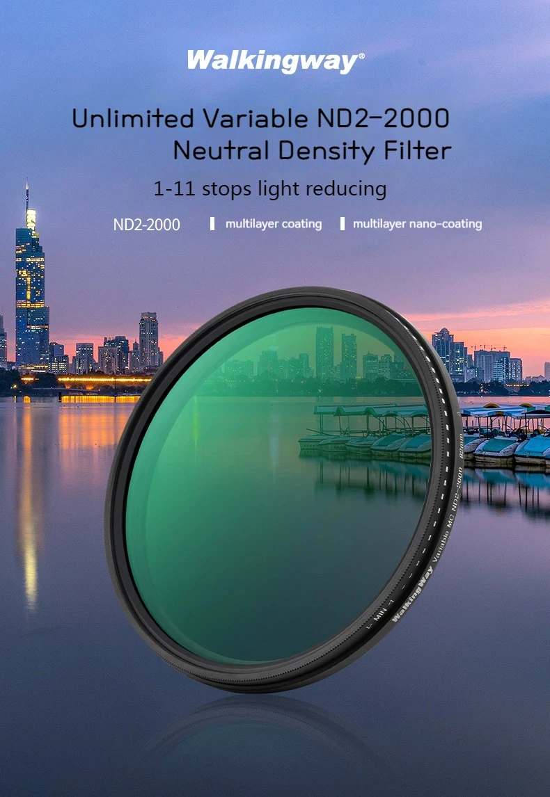 Walking Way Variable ND Filter ND2-400 ND2-2000  49 58 67 77 82 mm Filtro Fader Optical Neutral Density Filter for DSLR Camera