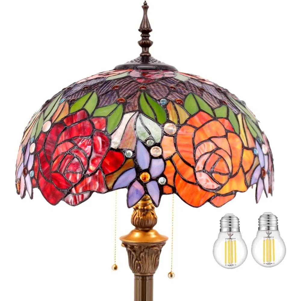 Floor Lamp Red Yellow Rose Stained Glass Standing Reading Light  Antique Pole Corner Lamp Decor Bedroom Living Room Home