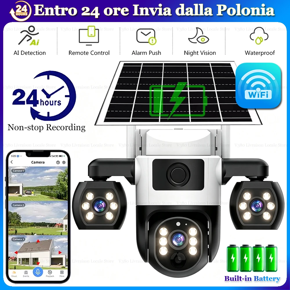 Telecamere Solari WiFi con 3 Lenti, 3 Angoli di Monitoraggio, Protezione di Sicurezza per la Casa Intelligente, Visione Notturna HD, Controllo Remoto PTZ a 360°, Alimentazione Solare Wireless,
