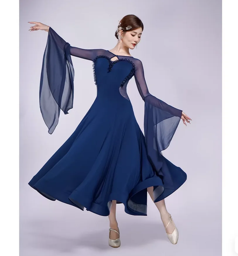 

Waltz International Standard Dance Performance Dress with Flowing Sleeves and Full Skirt