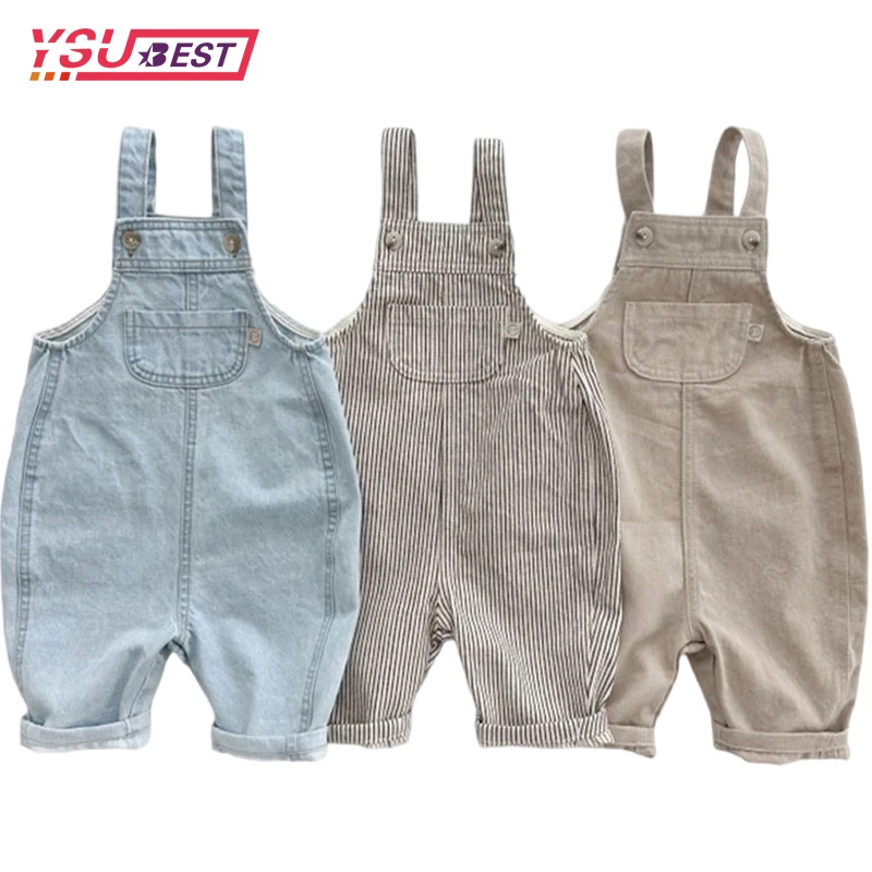 Summer Baby Denim Jumpsuit Girl Boy Overalls Solid Jeans Pocket Children Casual Loose Rompers Blue Kids Boys Overalls Outfits