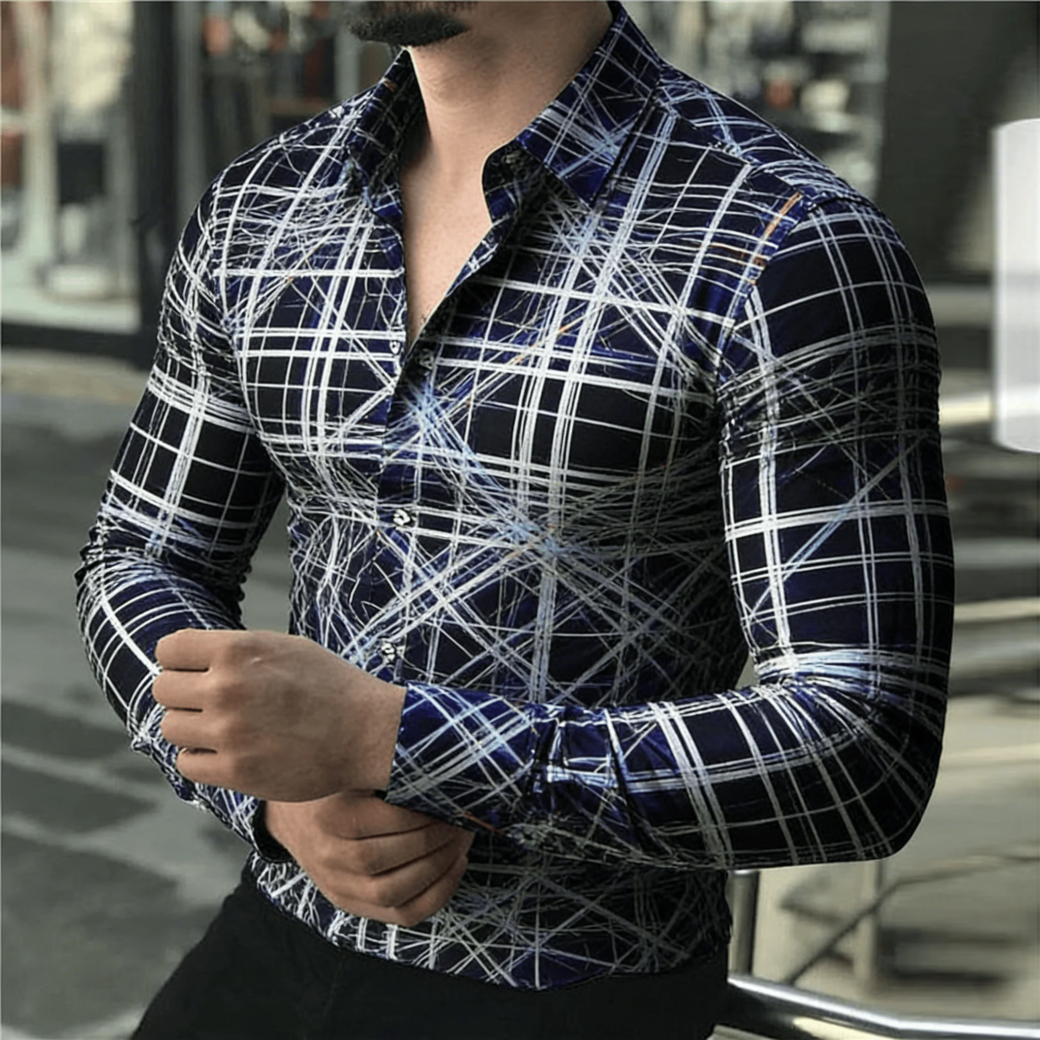 

Men's Abstract Cross Line Plaid Print Lapel Shirt, Spring Summer Casual Top, Deconstructed Grid Design