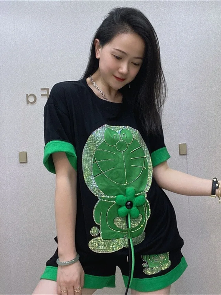 

Summer New Women's Short Sleeve Short Pants Two-Piece Set Heavy Embellishment T-Shirt Bead Large Size Set Cotton round Neck