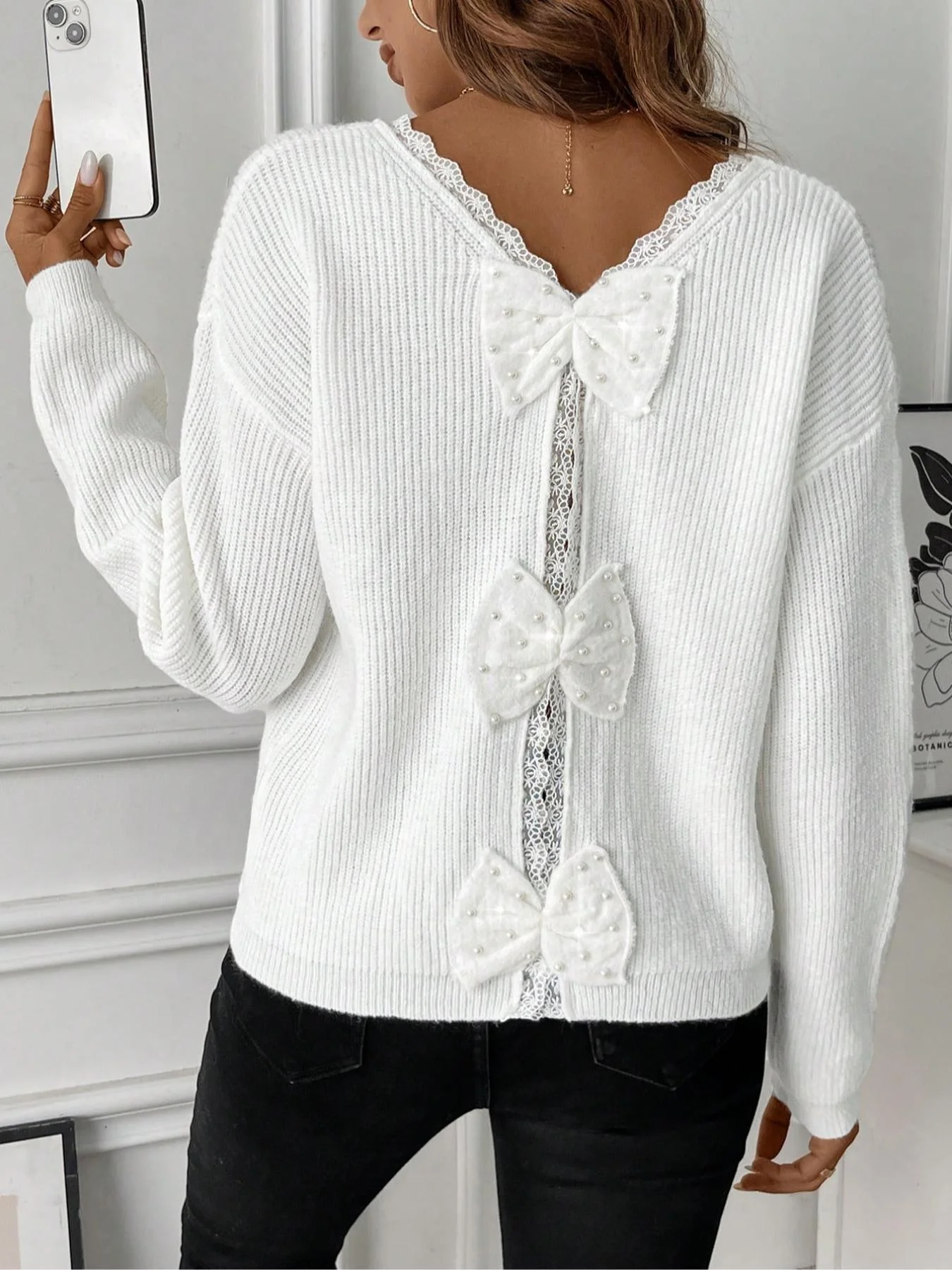 سترة نسائية محبوكة بتصميم عقدة فراشة خلفية، نمط كاجوال مناسب للخريف والشتاء، أزياء مريحة للاستخدام اليومي