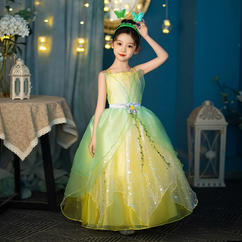 ชุดเจ้าหญิง Tiana สำหรับเด็กผู้หญิง, ชุดเจ้าหญิงและกบชุดเทศกาลฮาโลวีนผ้าเอลฟ์สีเขียวป่าสำหรับงานปาร์ตี้