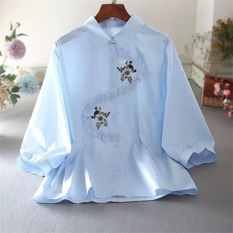 Retro Cotton Blouses Women Shirt Embroidered Shirt for Women Loose Thin Top Cardigan 3/4 Sleeves Fold Flower Button Female Blous