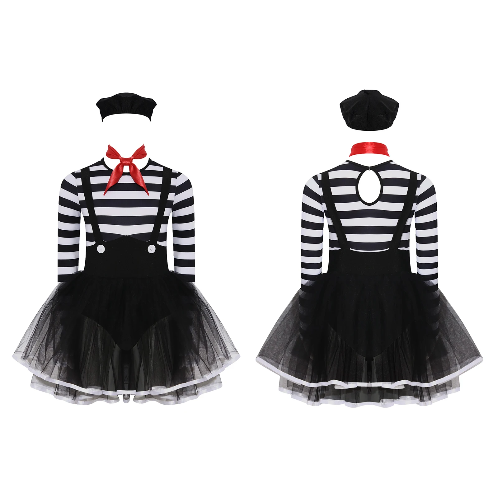 Girls Circus Wicked Clown Costume Halloween Party Masquerade Outfit Long Sleeve Mesh Tutu Jester Dress with Hat Neck Scarf