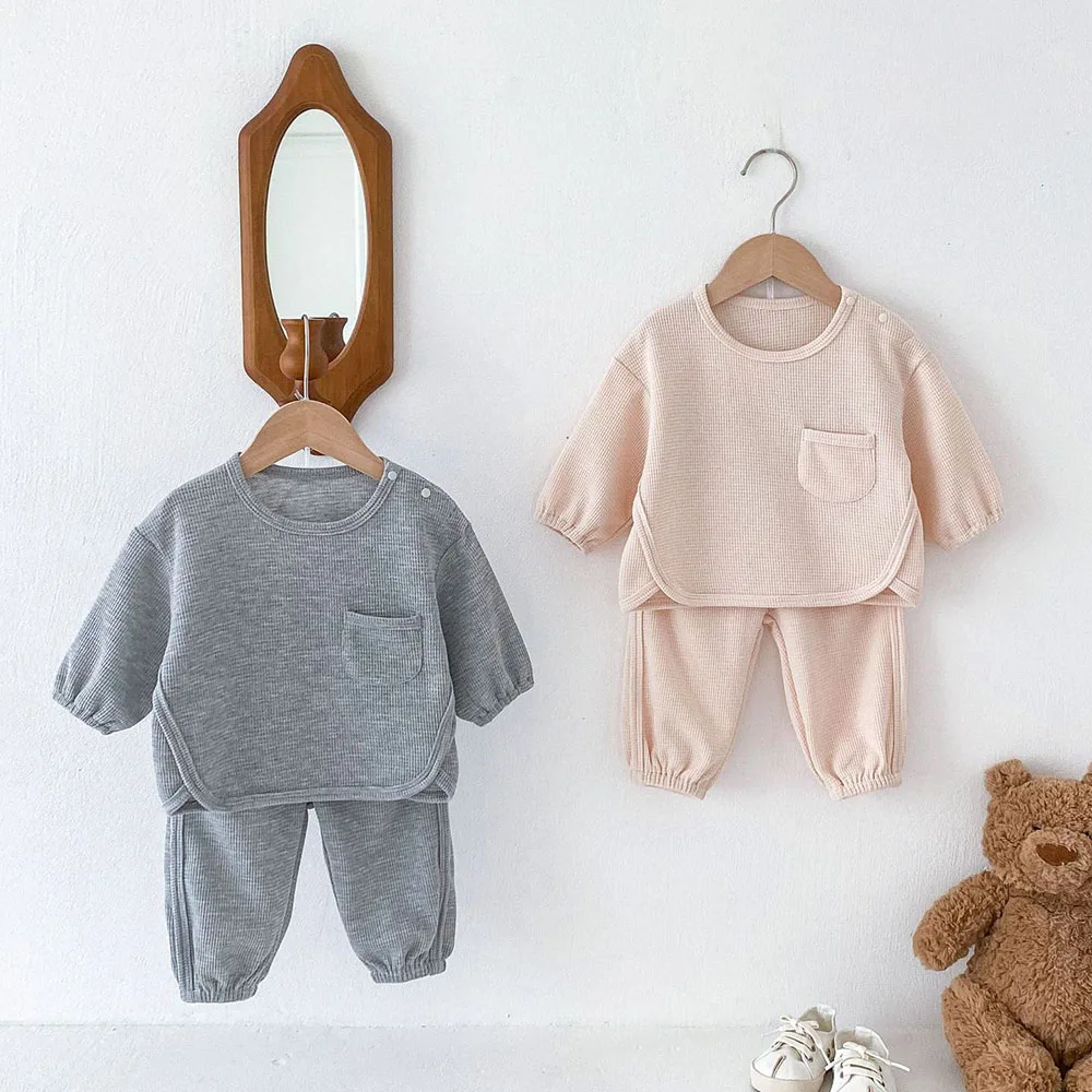 Kids New Autumn Waffle Clothes Set Girls Cute Solid Color Pullover + Sweatpants 9M-4T Children Loose Simplicity Outfit 2PCS