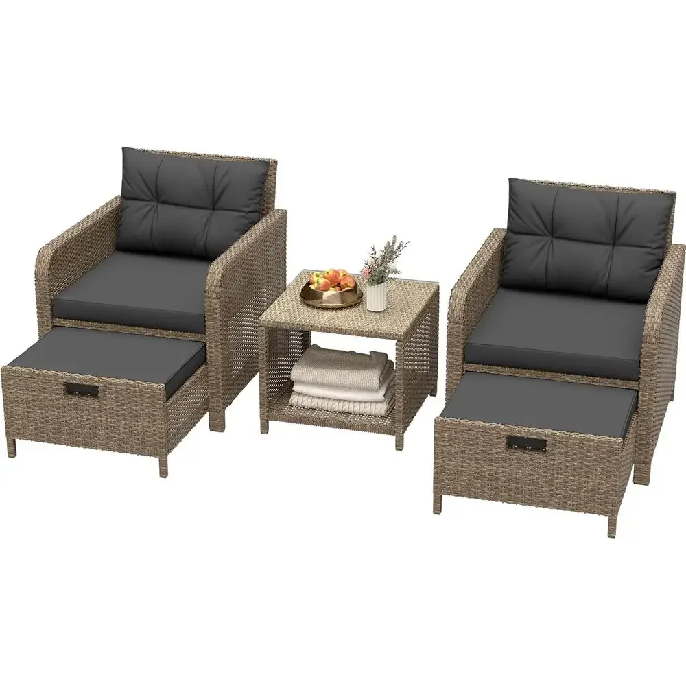 5-Piece Wicker Patio Furniture Set with Rattan Lounge Chairs, Tempered Glass Coffee Table, Ottomans, and Seat Cushions for Outdo