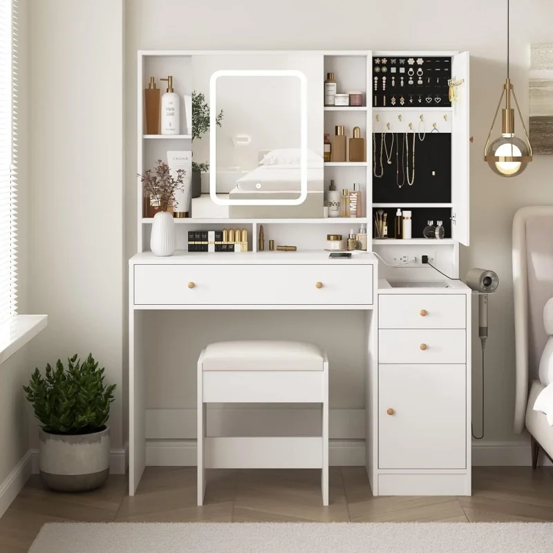 

White Vanity Desk Mirror and Lights,Vanity Table Makeup with Lights 3 Drawers Cabinets, Charging Station;Sliding Door