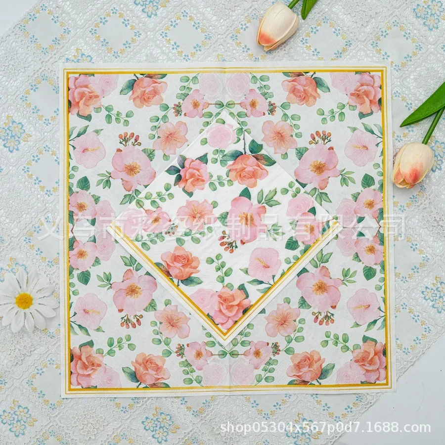 

20pcs 33cm 2Layer Pink Flower Gold Edge Napkins Party Creative Decoration Paper Towels Restaurant Paper DIY Decoupage Paper