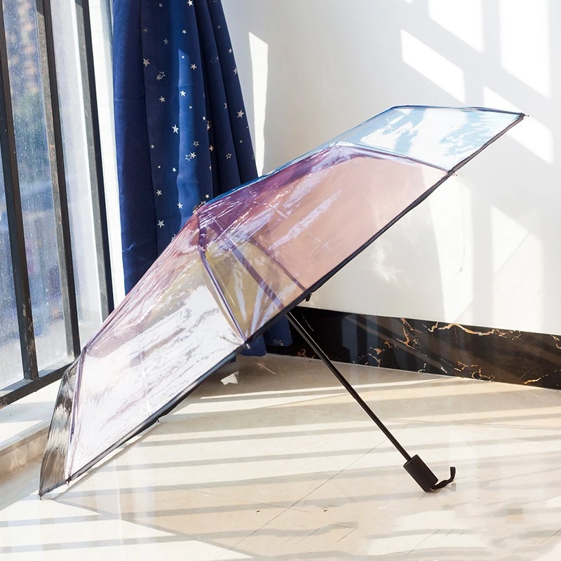 Transparent Umbrella Korea Girl Gifts Rainbow Color Travel Women Windproof Three Folding Clear Automatic Rain Umbrellas