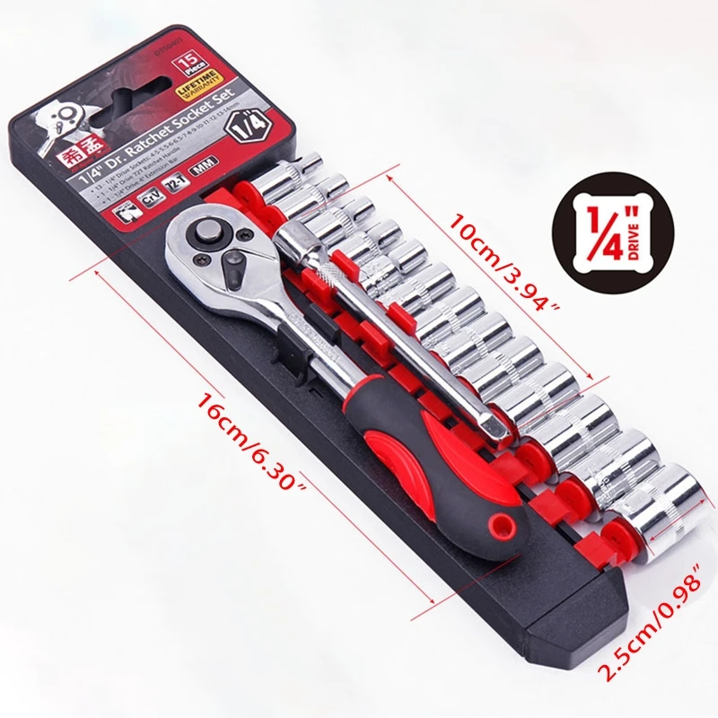 Jeu douilles 1/4 ”15 pièces, clés métriques en acier au Vanadium, cliquet à 72 dents, vente directe