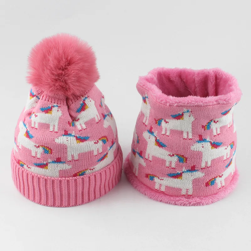 Miniso 秋と冬の子供用リトルポニー帽子スカーフセット幼児と子供ぬいぐるみ帽子冬暖かいウール帽子