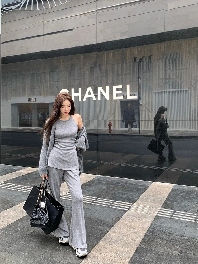 

Повседневный вязаный комплект Liuu: брюки прямого кроя и топ с длинным рукавом для молодых женщин 8-25 лет