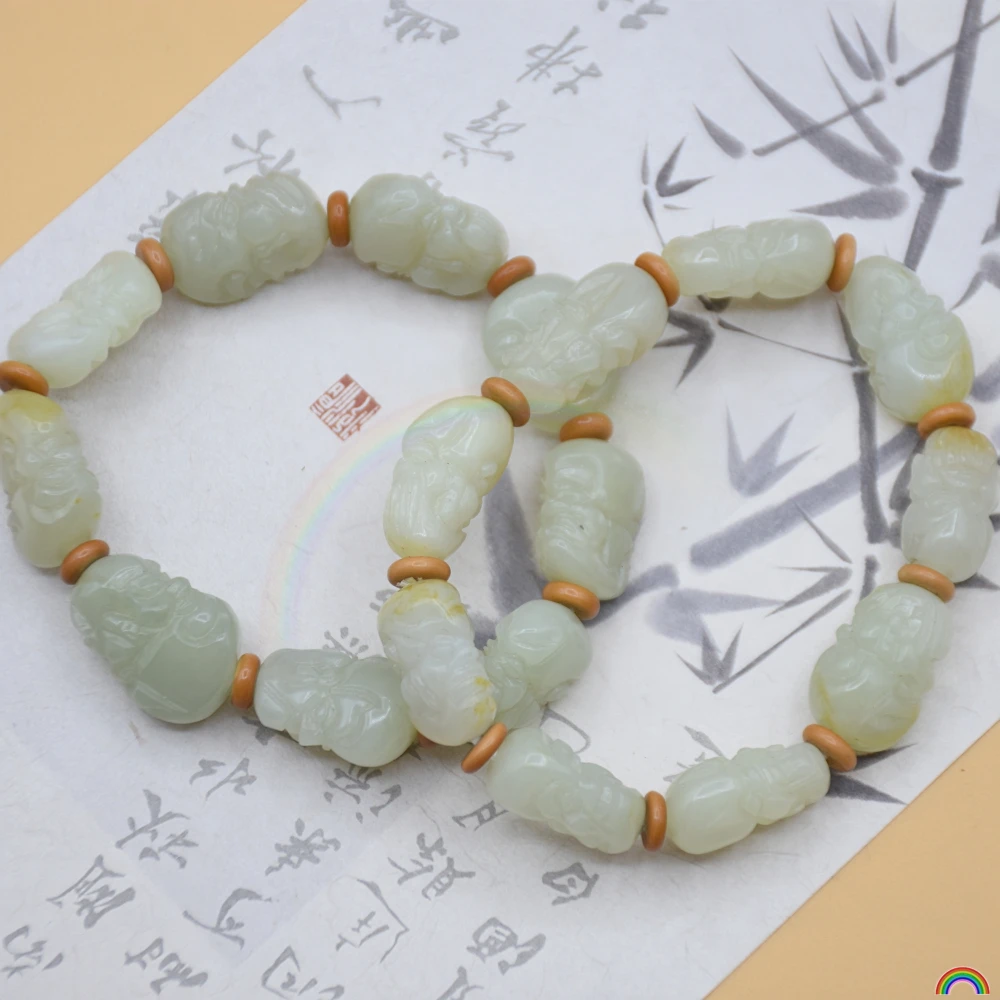

Natural Hotan Jade Arhat Hand String Blue White Jade Double sided Carving Man's 18 Luohan Jade Bracelet Rwbuy