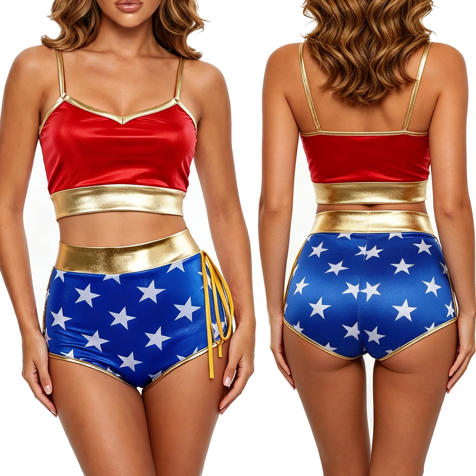 3Pcs Women Hero Costumes, Gold Trim Spaghetti Strap Tops Star Mini Shorts and Red Cloak Set of 3 for Halloween Cosplay Party New - view 2