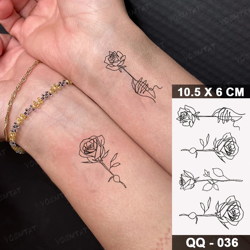 Translation Tattoo Rose Flower Line Plant Hand Black Sketch Waterproof Temporary Kid Tatto Sticker Women Men Body Art Fake Tatoo