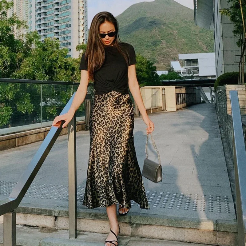 TRAF Leopard Print Women\'s Midi Skirt High Waist Stylish Long Skirts For Women Fall Vintage Satin Skirt Woman Elegant Skirts