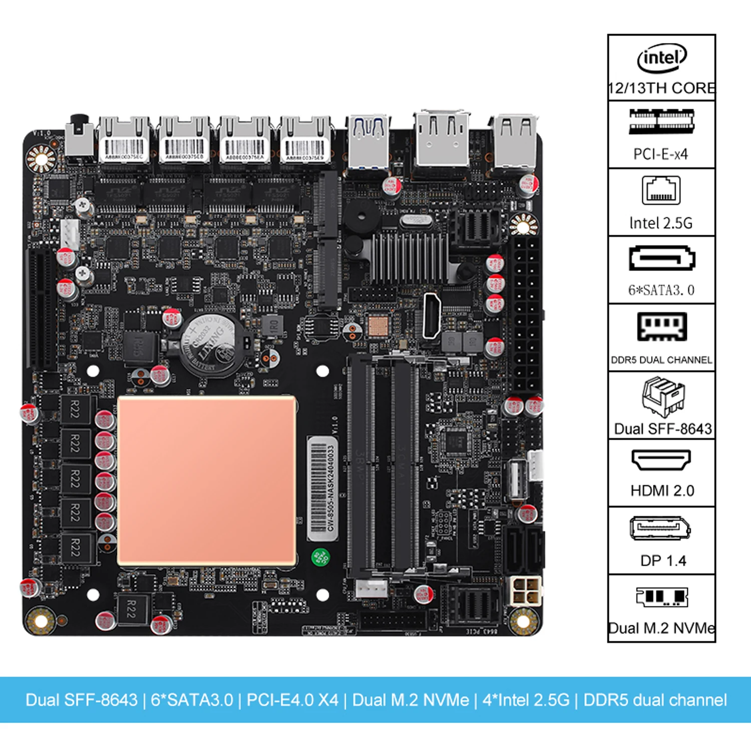 I5-12450H płyta główna 6-Bay NAS Pentium 8505 Max 6 * NVMe 6 * sata3. 0 pci-e X4 Mini ITX płyta 4 * i226-V Intel 2.5G 2 * DDR5 NAS