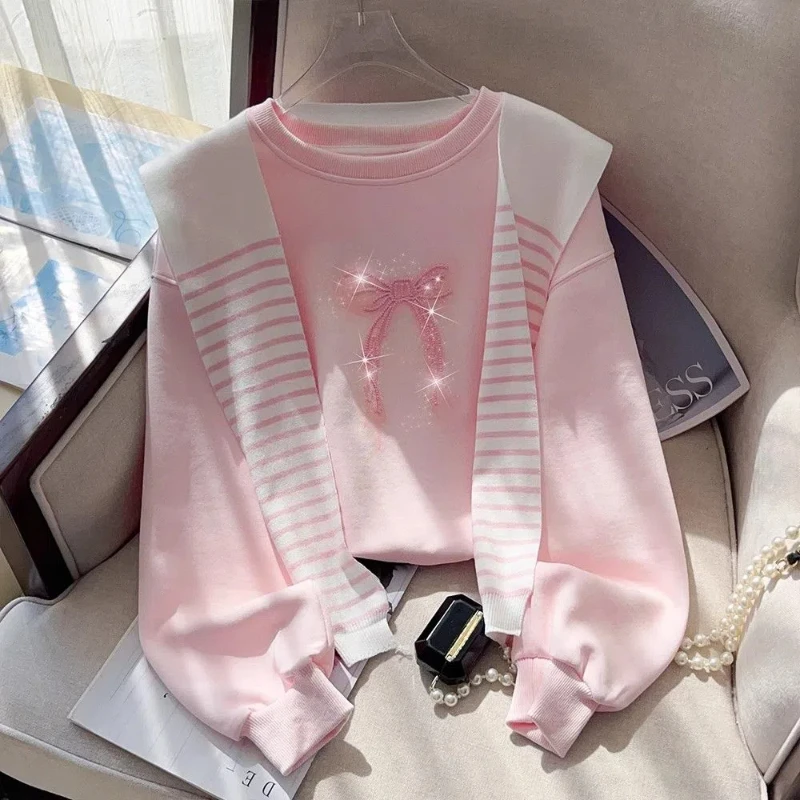 

New Sweet Two -piece Shawl Bowl Bow Embroidery Long -sleeved Sweater Female Round Collar Jacket