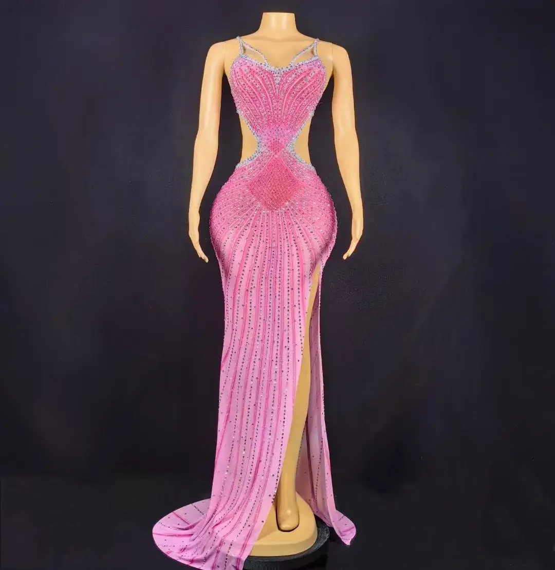 Vestido Sexy para sesión de fotos, rosa, azul, brillante, con diamantes de imitación, vestido sin espalda con abertura alta, vestido de fiesta de noche, alfombra roja para escenario