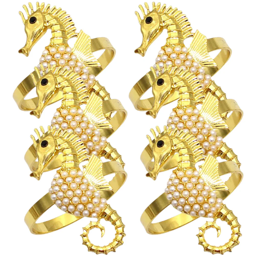 

6pcs Napkin Rings Shape Decorative Pearl Metal Table Holder for Wedding Banquet Party Dining Accessories