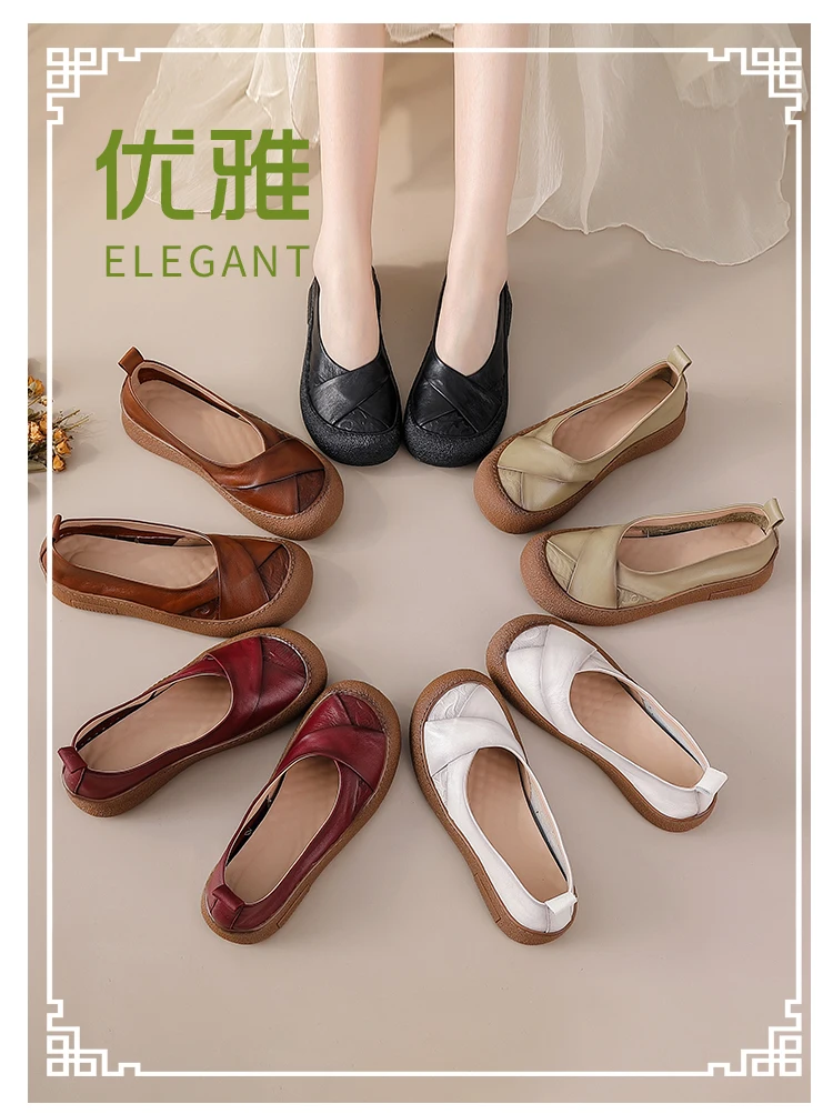 Neue Echtleder-Ballerinas für Damen, V-Ausschnitt Slip-On Schuhe, Retro-Kreuzfalt-Mokassins mit Prägungsmuster für Damen – Detail 6