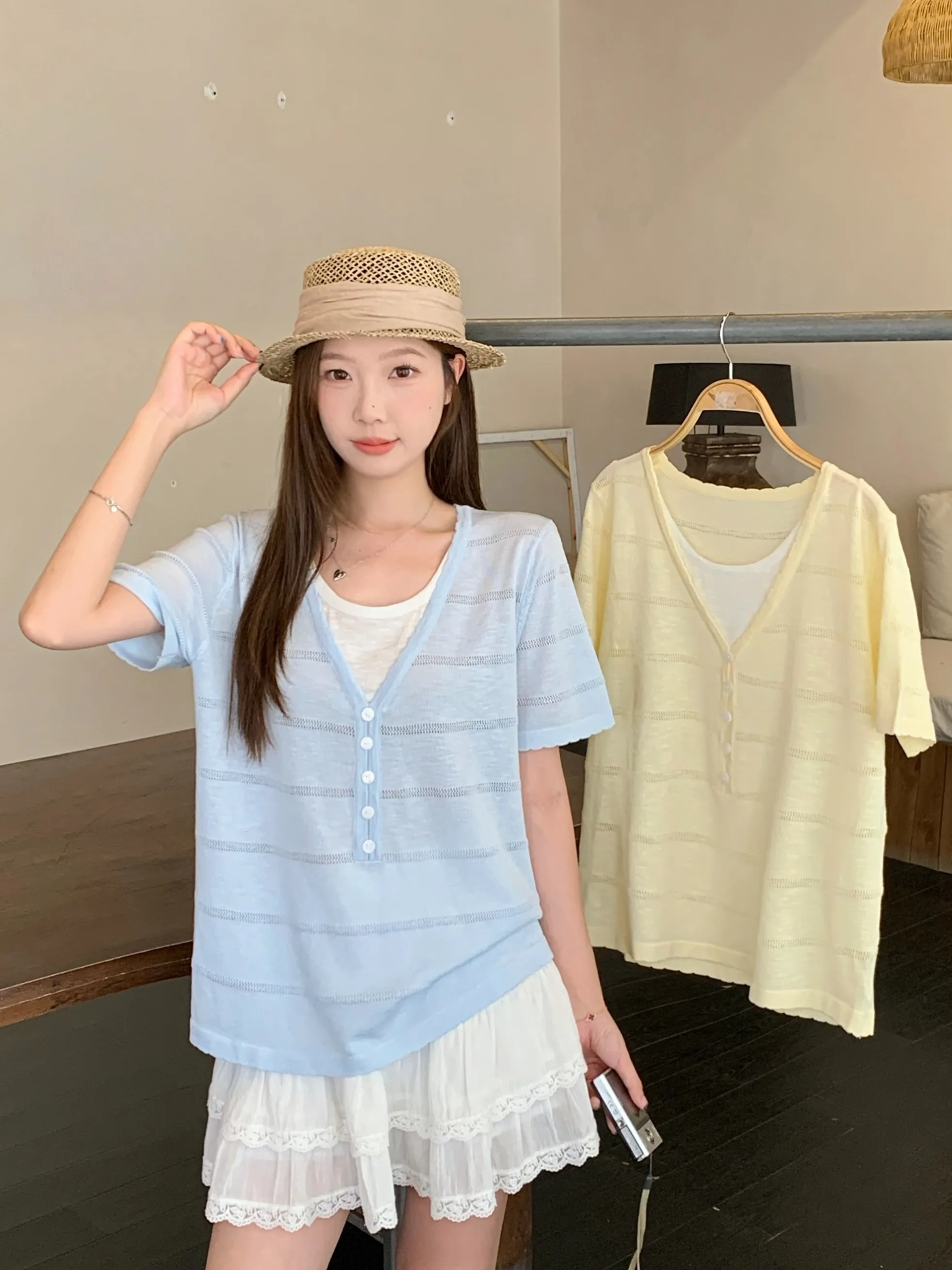 

Casual Versatile plus Size Knitwear Short Sleeve Patchwork T-Shirt Slimming Top Breathable Polyester Fiber Summer 2026