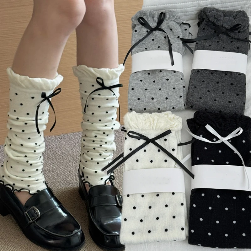 Lolita Cotton Leg Warmers Cute Bow Dots Ruffle-edge Socks JK Japanese Y2K Spicy Girls Pile-up Socks with Loose Cuffs Foot Covers
