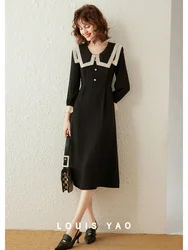 LOUIS YAO Women Dress 2024 Spring O Neck Long Sleeve A-line Turn-down Collar Lace Elegant Long Dress for Women