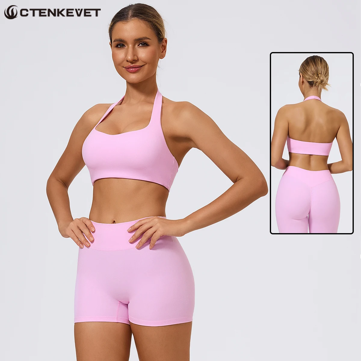 

Ctenkevet New 2Pcs Women Backless Halter Bra Set Female Two-Piece Gym Workout Quick-Dry Shorts Sportswear Sport Outfit For Woman