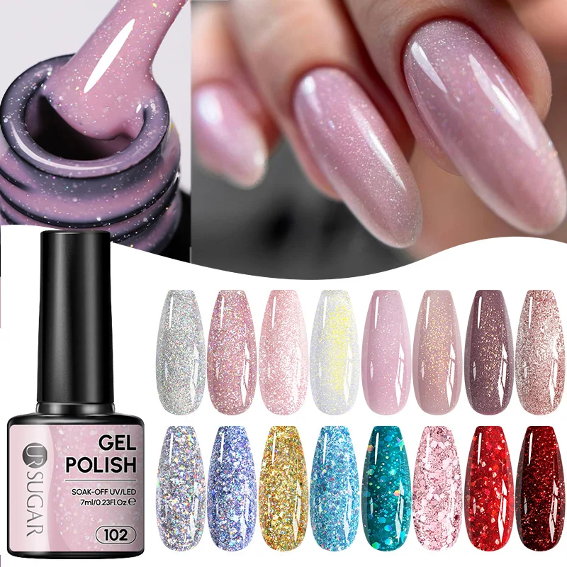 UR SUGAR 7ml Smalto gel per unghie glitter rosa Smalto semipermanente Soak Off UV LED Nail Art Base Top Coat Gel Manicure
