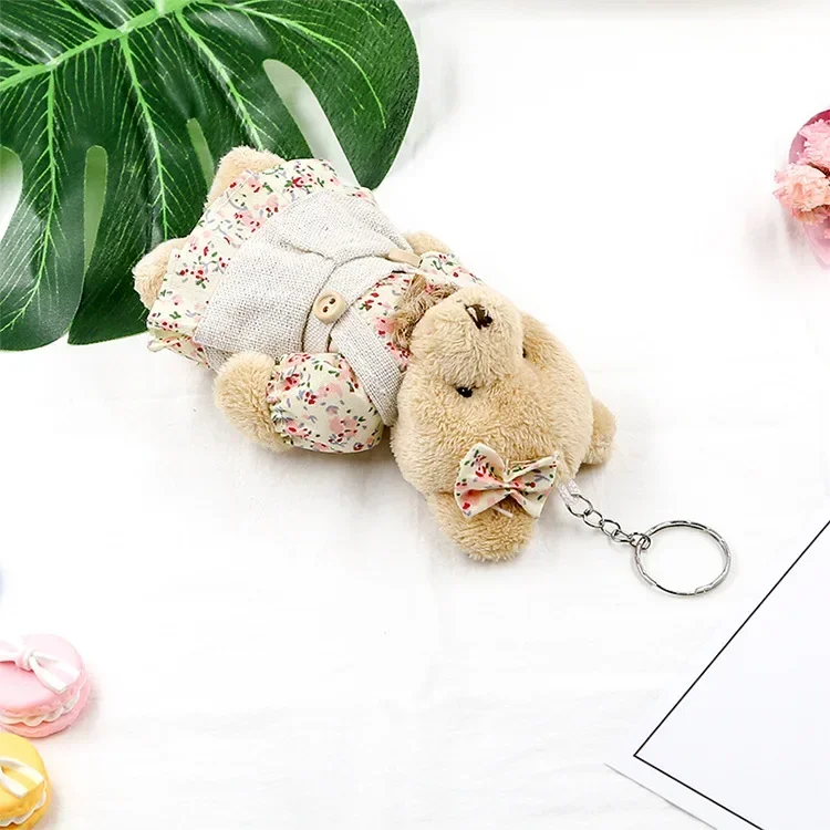 12CM Cute Girls Country style Linen Bear Keychain Women Couple Rabbit Keychain On Bag Car Trinket Female Wedding Party Toy Gift