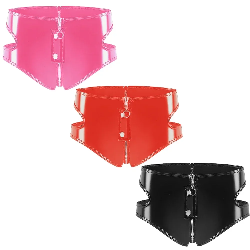 

Sexy Women's Solid Color Faux Leather Underpants Erotic Fetish Zipper Open Crotch Briefs Underwear Hot Pants Rave Party Clubwear
