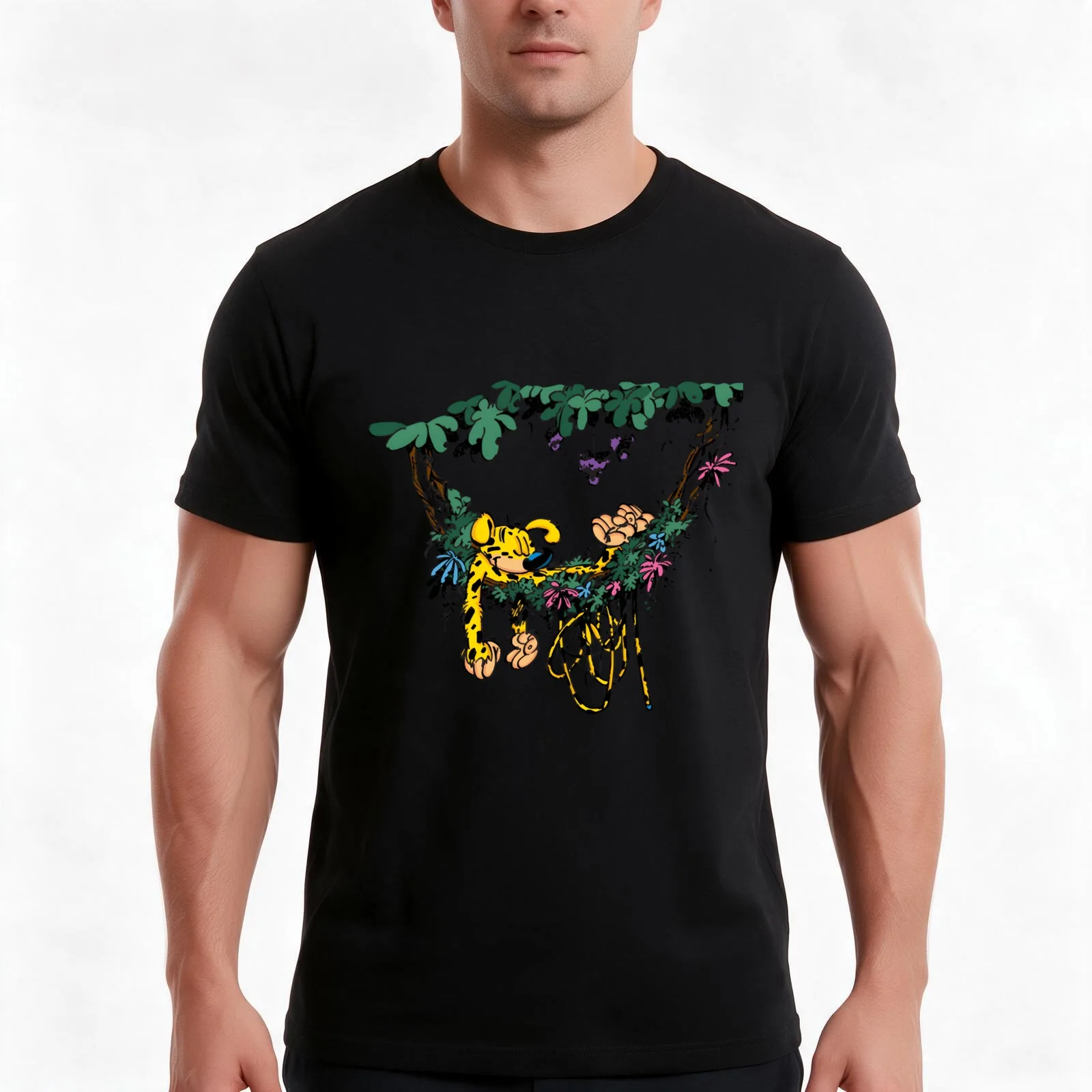 Marsupilami in hammock \t \t\t T-Shirt, Summer Casual Cotton Tee, Oversized Streetwear Tops, Vintage Graphic Print, 100% Cotton