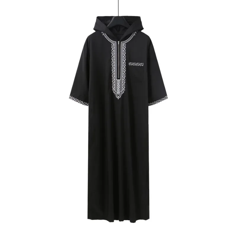 

Simple solid color new men's loose hooded robe luxury men's embroidered long-sleeved Muslim clothing robe D525220
