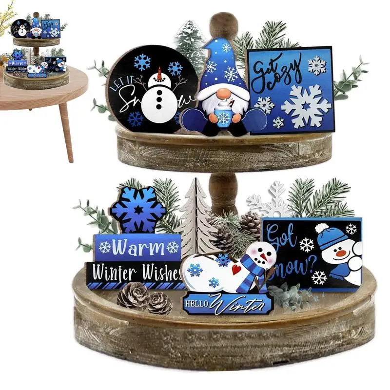 Snowman Christmas Tier Tray Snowflake Snowman Winter Tabletop Tray Decorations Tabletop Decorations Wooden Signs For Home Table