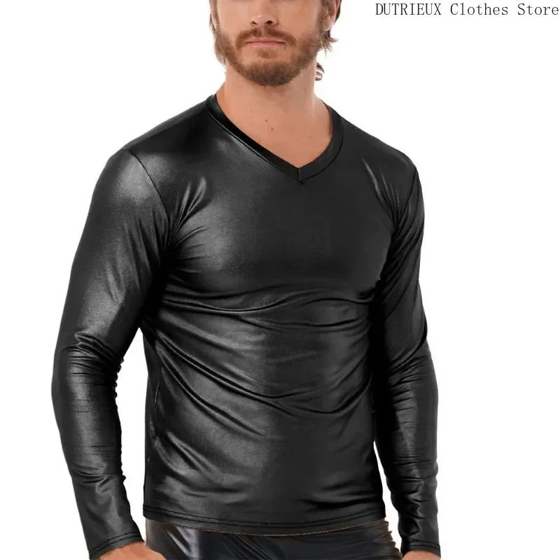 Outdoor motorcycle punk slim leather men men's V-neck long sleeve stretch tight top autumn and winter street black PU leather