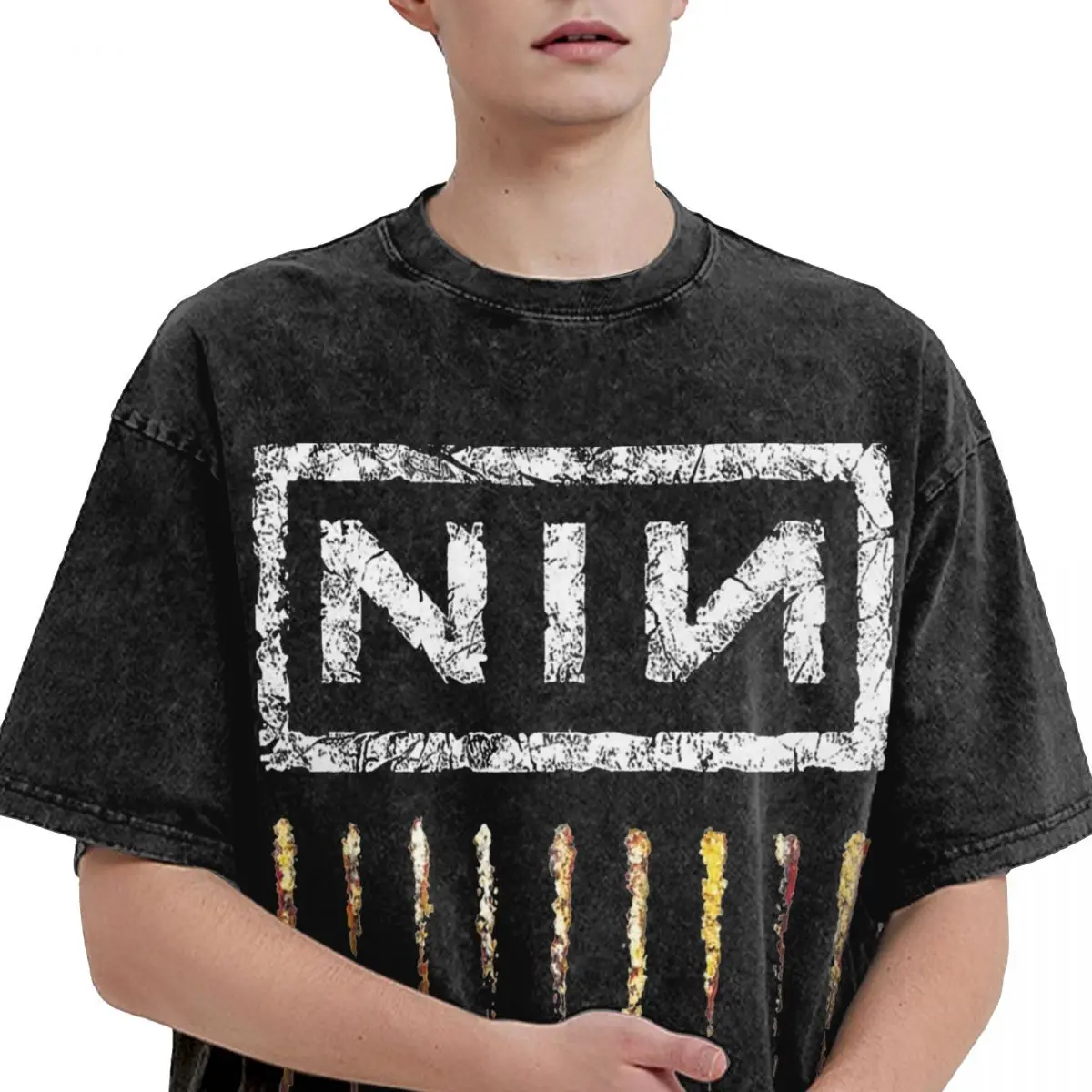 المتضخم غسلها تي شيرت تسعة بوصة الأظافر المطبوعة القطن التي شيرت روك باند نين الموضة التي شيرت للرجل الصيف Y2K الكلاسيكية طباعة المحملة