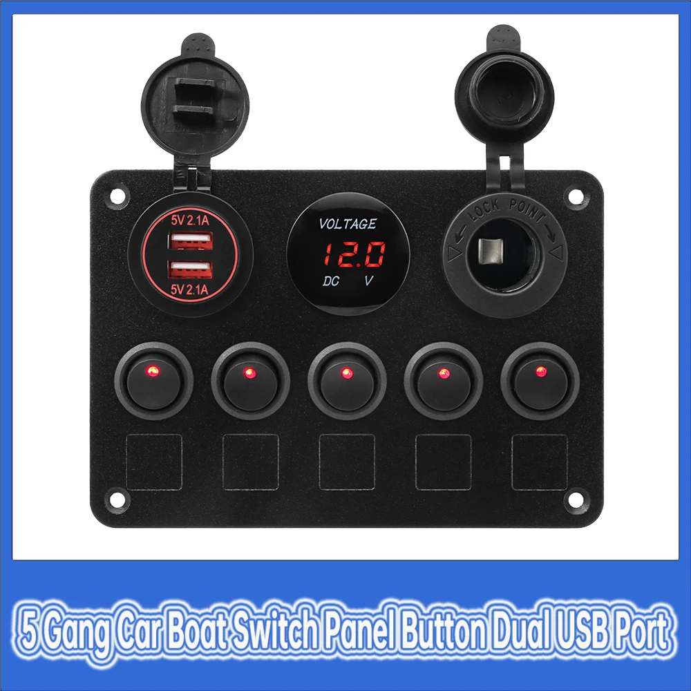 

5 Gang Car Boat Switch Panel Car Lights Toggle Breaker Button Rocker Toggle Digital Voltmeter Dual USB Port 12V for Car Truck