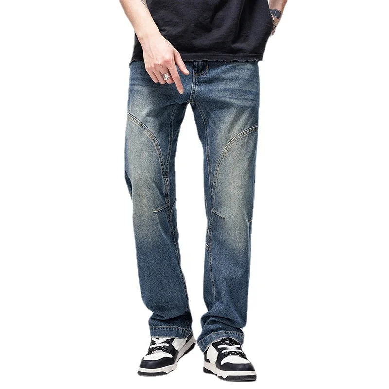 

Men's Straight Jeans Vintage Washed Cuffs Scratched Denim Pants Streetwear Hip Hop Baggy for Male