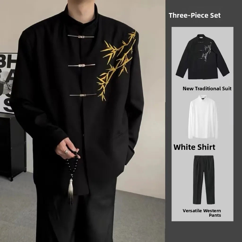 New Chinese Style Men's Engagement Suit Set DK Collar Zhongshan Suit Gold Bamboo Embroidery Adult Ceremony Formal Wear Class ...