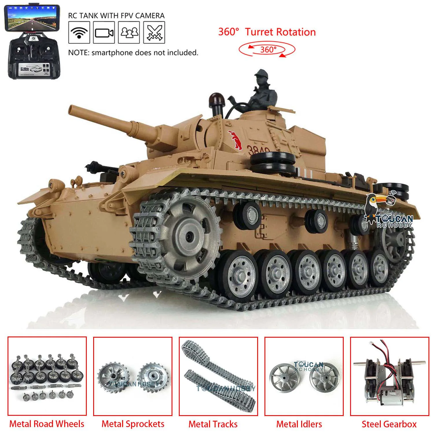 

HENG LONG FPV 1/16 Tk-7.0 Customized Panzer III H RC Tank 3849 Full Metal Track Wheel With Camera Remote Control Toys TH17370